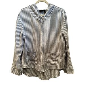 Tahari Linen Striped Hoodie Shirt Roll Tab Sleeves Nautical Beach Vacation Sz M